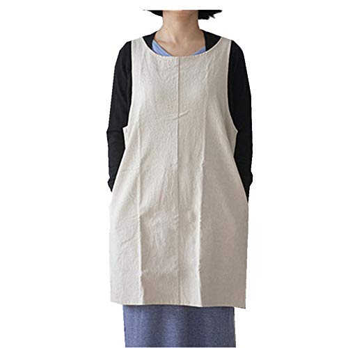 AOBBYBBS Soft Cotton Linen Apron Solid Color Halter Cross Bandage Aprons Japanese Style X Shape Double Pockets Kitchen Cooking Clothes Gift for Women Chef Housewarming -Beige - Image 1