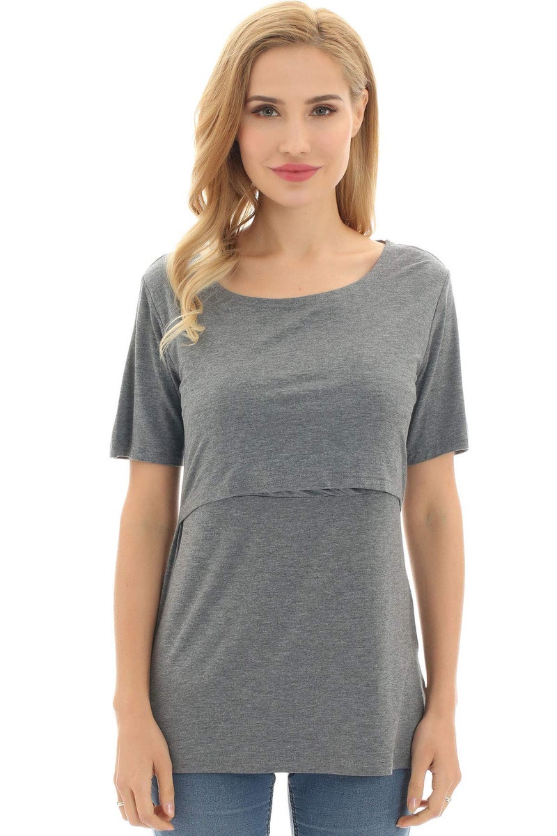 Bearsland Women's Maternity Nursing Tops Modal Comfy Short Sleeve Breastfeeding Clothes,blackgraygreen,L - Image 3