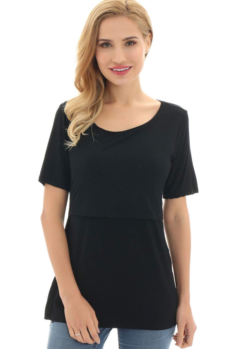 Bearsland Women's Maternity Nursing Tops Modal Comfy Short Sleeve Breastfeeding Clothes,blackgraygreen,L - Image 2