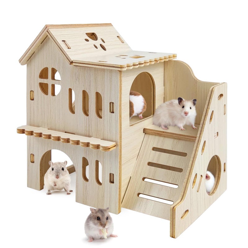 Holyenten Hamster Hideout with Wooden House Fun Slide DoubleDecker Hut Maze for Dwarf Hamsters Gerbils Mice Small Animals - Image 2