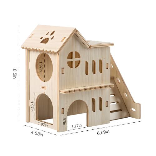 Holyenten Hamster Hideout with Wooden House Fun Slide DoubleDecker Hut Maze for Dwarf Hamsters Gerbils Mice Small Animals - Image 3