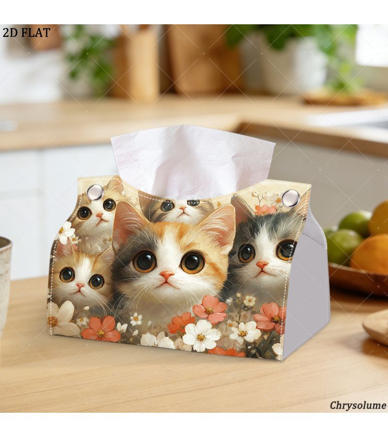 Cat Face Floral Tissue Box 7.68x5.12x4.72 Inch for Living Room Workspace - Image 1