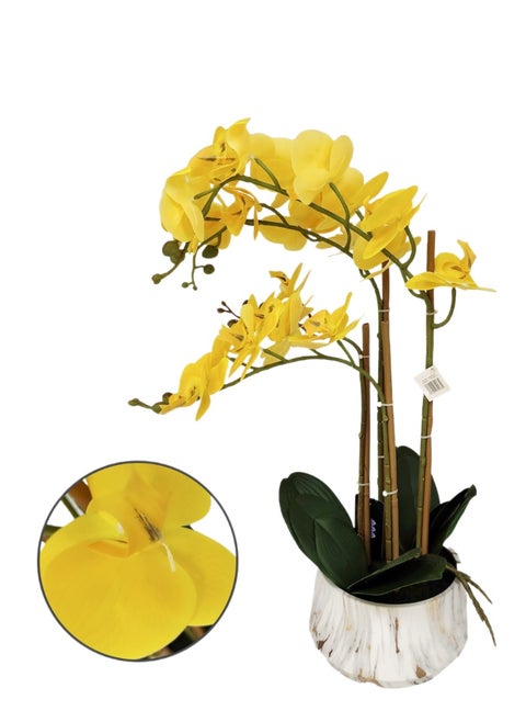 Yellow artificial orchids, multi-branch, white pot, height 69 cm