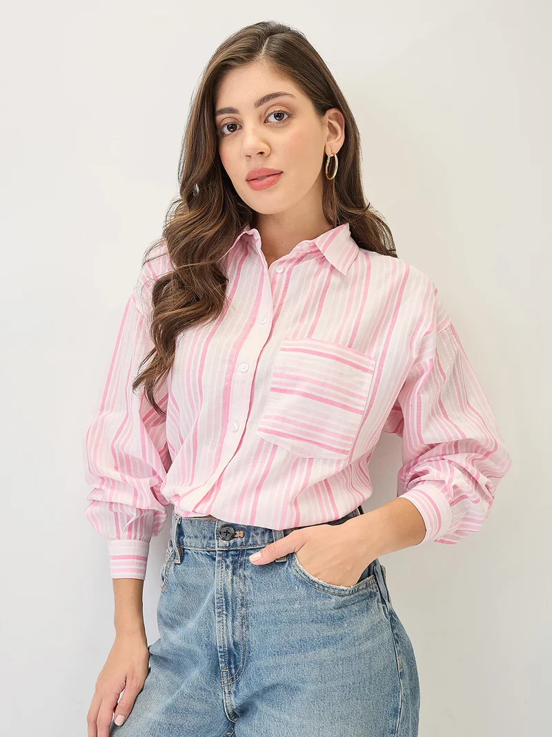 globus Women Cuffed Sleeves Vertical Stripes Chest Pocket High-Low Hem Workwear Shirt