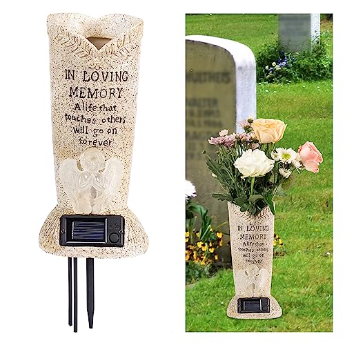 HUYIENO Solar Memorial Cemetery Flower Vase with LED for Fresh/Artificial Cemetery Grave Decorations Angel Statue Vase with Spikes Gravestone Decor - Image 2