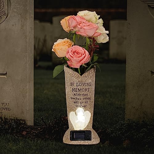 HUYIENO Solar Memorial Cemetery Flower Vase with LED for Fresh/Artificial Cemetery Grave Decorations Angel Statue Vase with Spikes Gravestone Decor - Image 3