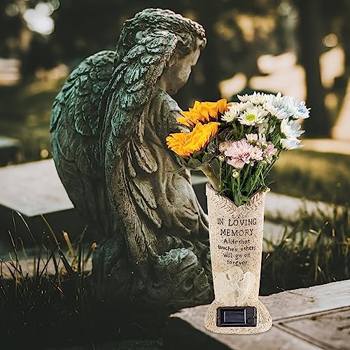 HUYIENO Solar Memorial Cemetery Flower Vase with LED for Fresh/Artificial Cemetery Grave Decorations Angel Statue Vase with Spikes Gravestone Decor - Image 4