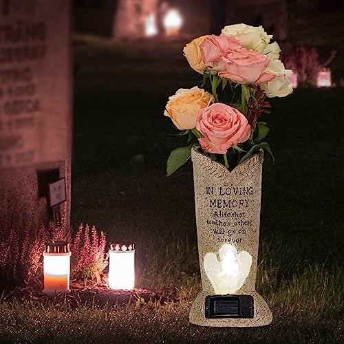 HUYIENO Solar Memorial Cemetery Flower Vase with LED for Fresh/Artificial Cemetery Grave Decorations Angel Statue Vase with Spikes Gravestone Decor - Image 1