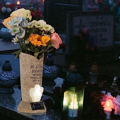 HUYIENO Solar Memorial Cemetery Flower Vase with LED for Fresh/Artificial Cemetery Grave Decorations Angel Statue Vase with Spikes Gravestone Decor - Image 5