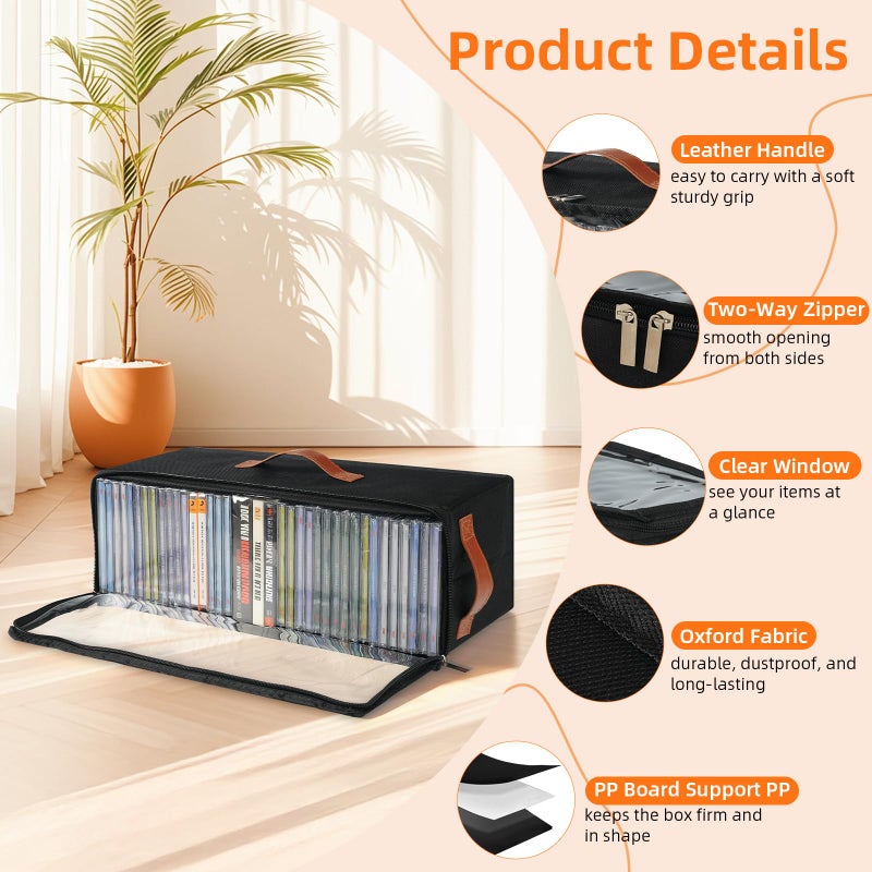 Frlanse 4 Pack CD Storage Box, Stackable CD Case Holder with Front Zippered Clear Window and Handles, 15.7 x 6.1 x 5.3 Inches Oxford Fabric CD Tower Rack, Holds Up to 148 CDs in Full Jewel Cases - Image 3