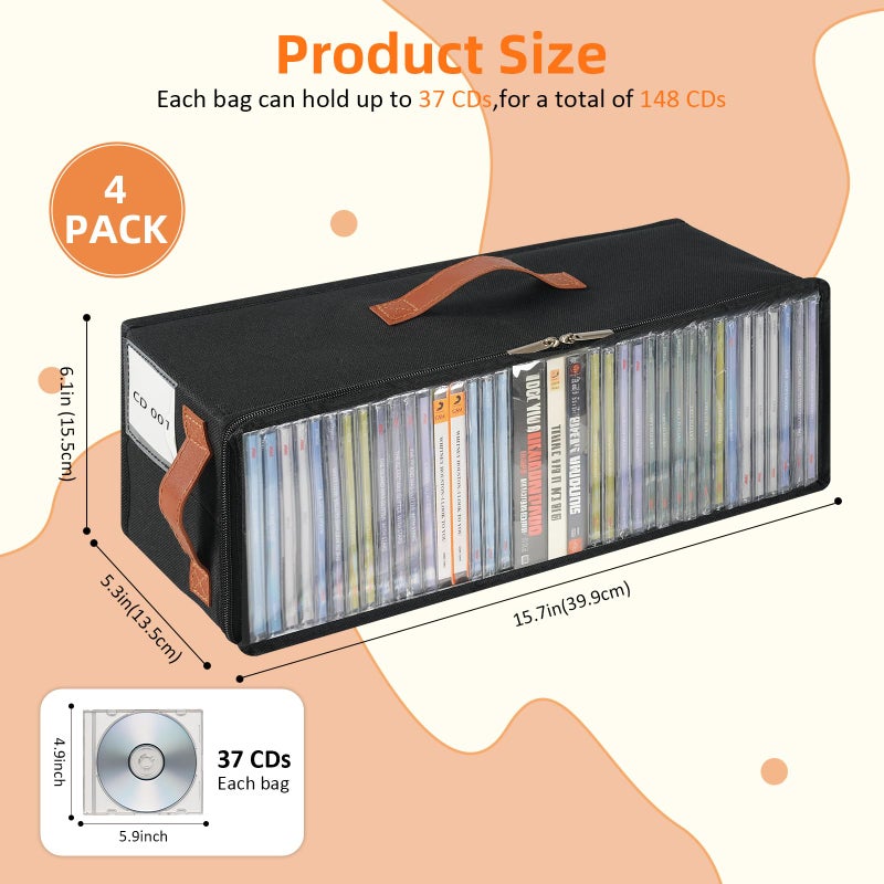 Frlanse 4 Pack CD Storage Box, Stackable CD Case Holder with Front Zippered Clear Window and Handles, 15.7 x 6.1 x 5.3 Inches Oxford Fabric CD Tower Rack, Holds Up to 148 CDs in Full Jewel Cases - Image 2