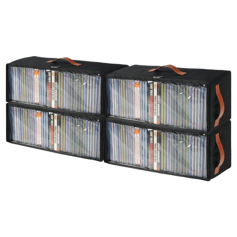 Frlanse 4 Pack CD Storage Box, Stackable CD Case Holder with Front Zippered Clear Window and Handles, 15.7 x 6.1 x 5.3 Inches Oxford Fabric CD Tower Rack, Holds Up to 148 CDs in Full Jewel Cases - Image 1