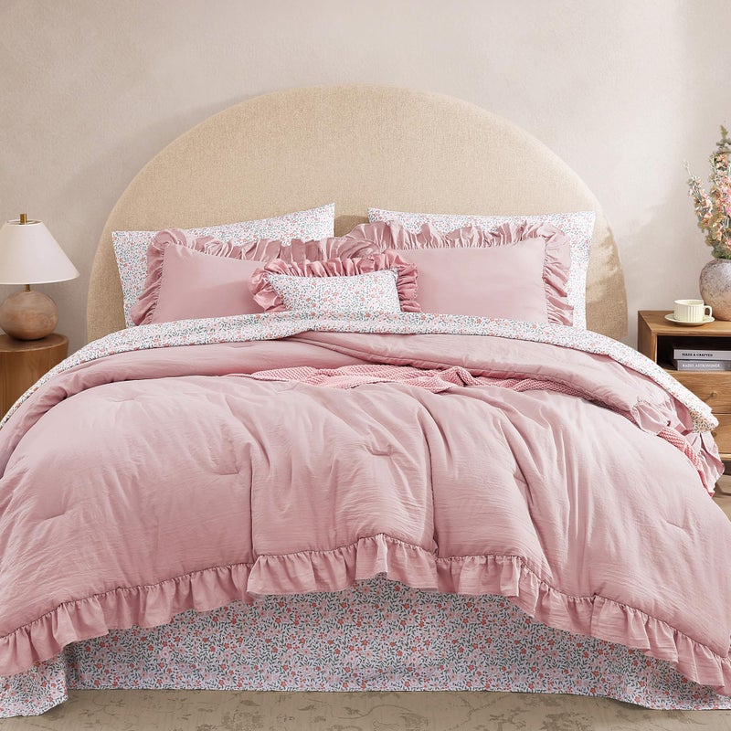 BLOOMHAVEN Queen Comforter Set - 7 Pieces Ruffle Soft Pink Bedding Sets, Shabby Chic Farmhouse Bed in a Bag Queen with Ruffle Comforter, Floral Sheets, Pillowcases & Shams - Image 1