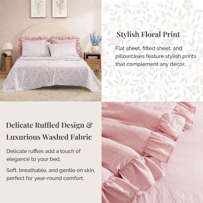 BLOOMHAVEN Queen Comforter Set - 7 Pieces Ruffle Soft Pink Bedding Sets, Shabby Chic Farmhouse Bed in a Bag Queen with Ruffle Comforter, Floral Sheets, Pillowcases & Shams - Image 4