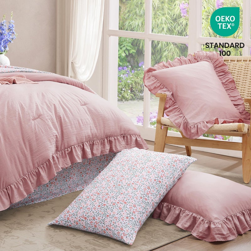 BLOOMHAVEN Queen Comforter Set - 7 Pieces Ruffle Soft Pink Bedding Sets, Shabby Chic Farmhouse Bed in a Bag Queen with Ruffle Comforter, Floral Sheets, Pillowcases & Shams - Image 5