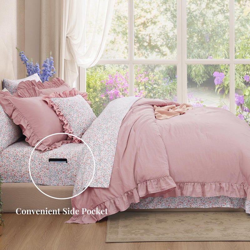 BLOOMHAVEN Queen Comforter Set - 7 Pieces Ruffle Soft Pink Bedding Sets, Shabby Chic Farmhouse Bed in a Bag Queen with Ruffle Comforter, Floral Sheets, Pillowcases & Shams - Image 3