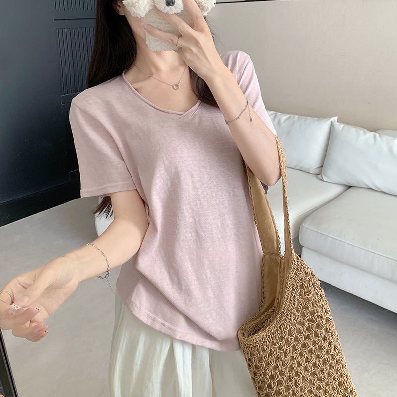 2817 Korean-Style V-Neck Short-Sleeve T-Shirt for Women, Summer Snowflake Pattern, Loose Fit, Slimming, Casual Style, Cotton Base Shirt - Image 1