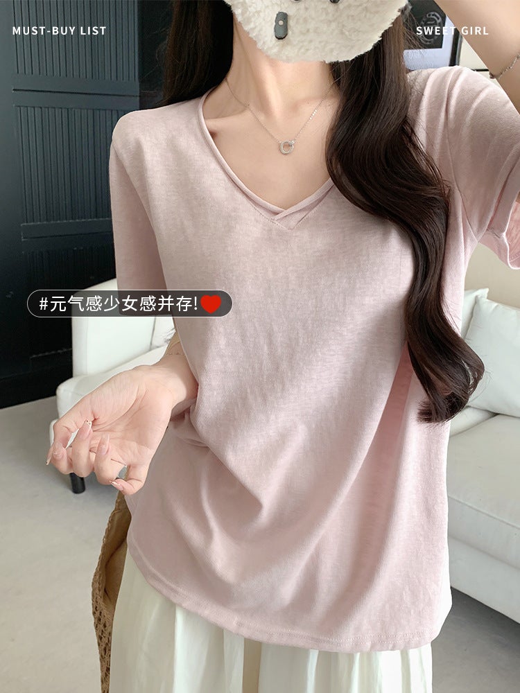 2817 Korean-Style V-Neck Short-Sleeve T-Shirt for Women, Summer Snowflake Pattern, Loose Fit, Slimming, Casual Style, Cotton Base Shirt - Image 4