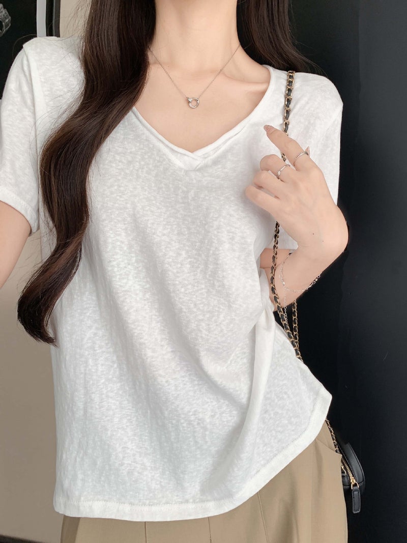 2817 Korean-Style V-Neck Short-Sleeve T-Shirt for Women, Summer Snowflake Pattern, Loose Fit, Slimming, Casual Style, Cotton Base Shirt - Image 2
