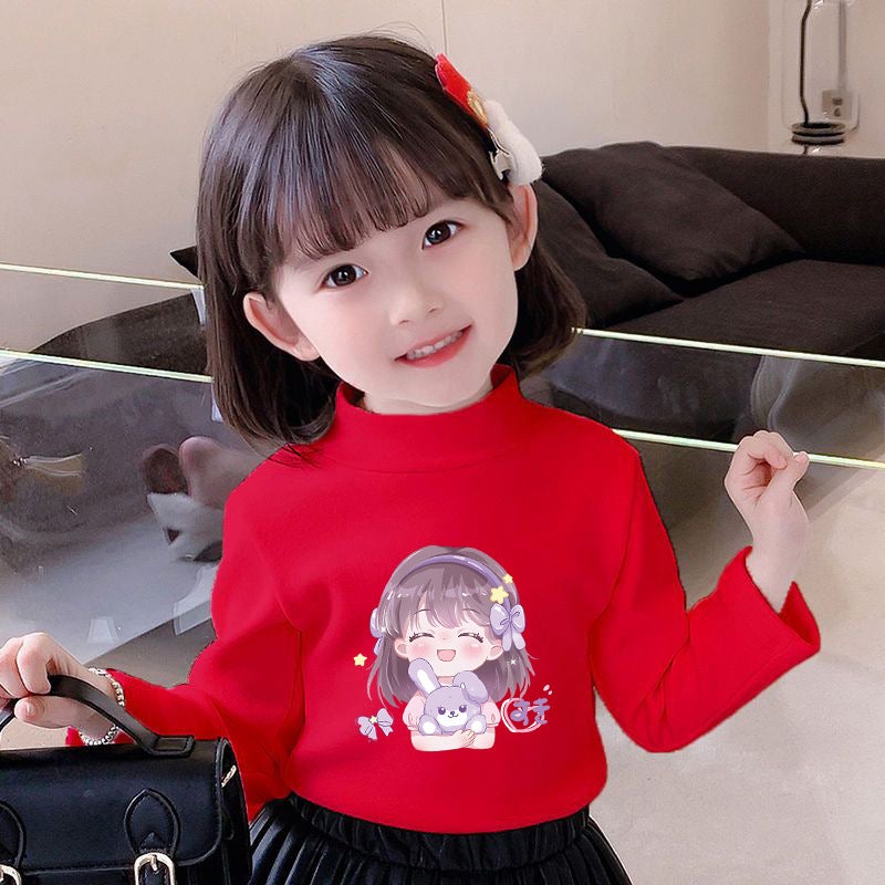 Girls' Semi-High Collar Velvet Casual Long-Sleeved T-Shirt Autumn New Arrival Medium And Large Children'S Wear Cartoon Printed Western Style Girls' T-Shirt - Image 1