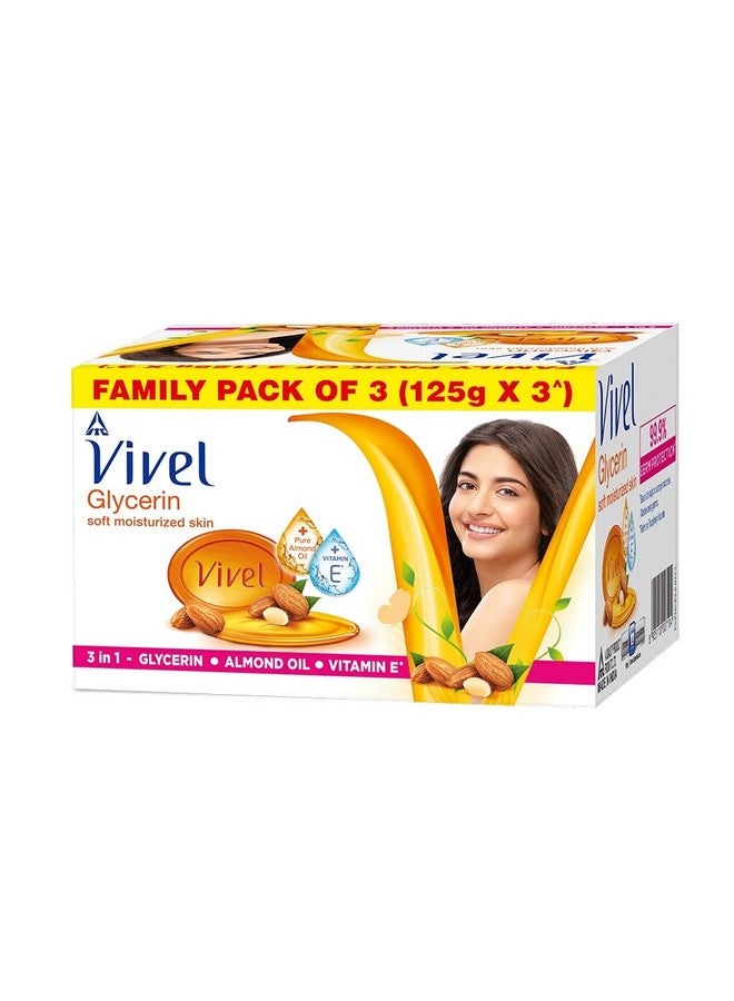Vivel Glycerin Bathing Soap For Soft Moisturized Skin With Pure Almond Oil & Vitamin E, 375G (125G Pack Of 3), Soap For Women & Men, For All Skin Types - Image 1