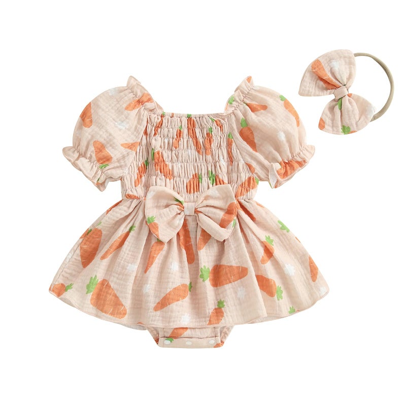 Lamuusaa Newborn Baby Girl Easter Outfit Smocked Bunny/Carrot Romper Cotton Linen Bodysuit Headband Summer Clothes 0-18M (Beige-Carrot, 12-18 Months) - Image 1