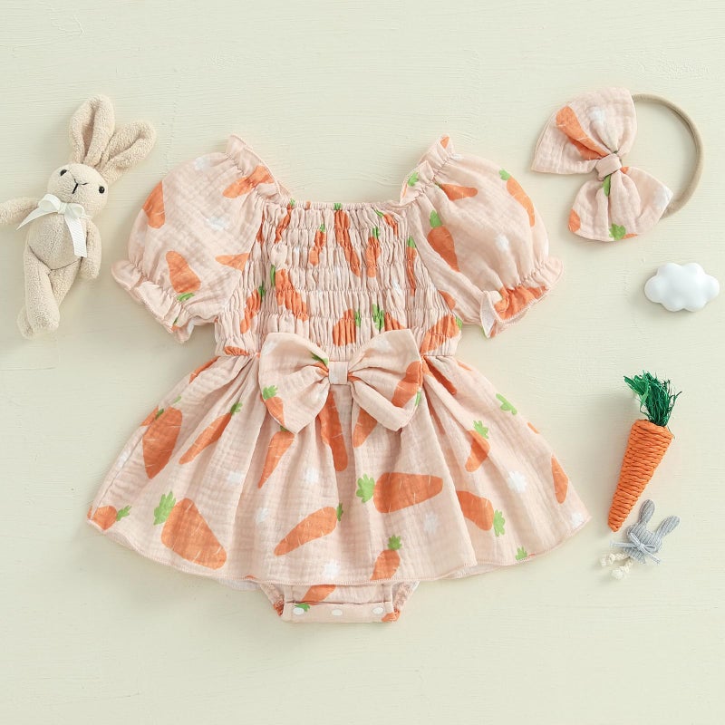 Lamuusaa Newborn Baby Girl Easter Outfit Smocked Bunny/Carrot Romper Cotton Linen Bodysuit Headband Summer Clothes 0-18M (Beige-Carrot, 12-18 Months) - Image 2