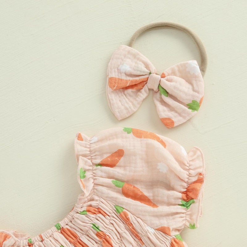 Lamuusaa Newborn Baby Girl Easter Outfit Smocked Bunny/Carrot Romper Cotton Linen Bodysuit Headband Summer Clothes 0-18M (Beige-Carrot, 12-18 Months) - Image 3