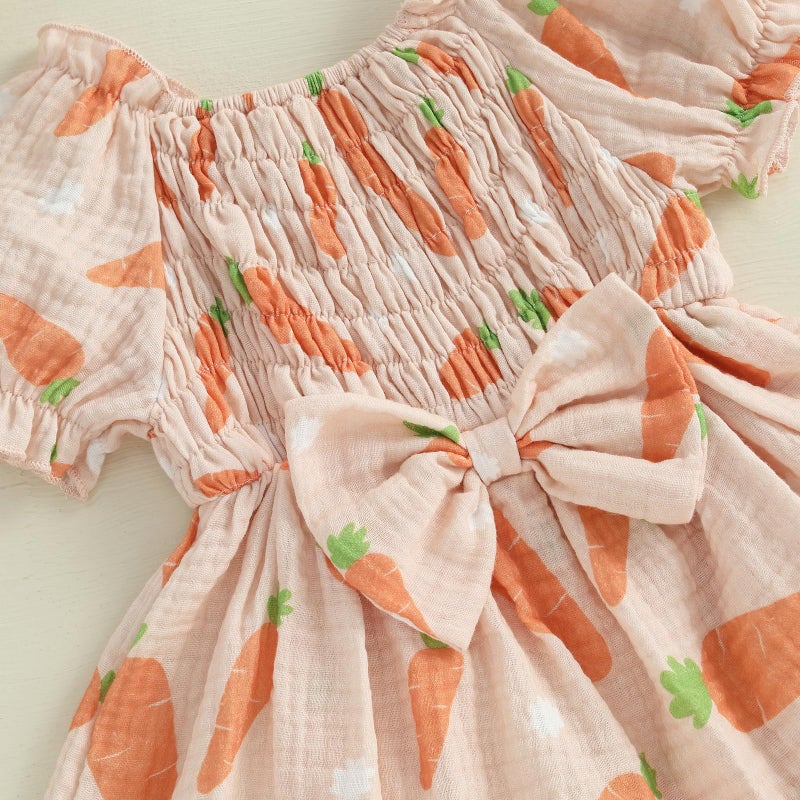 Lamuusaa Newborn Baby Girl Easter Outfit Smocked Bunny/Carrot Romper Cotton Linen Bodysuit Headband Summer Clothes 0-18M (Beige-Carrot, 12-18 Months) - Image 4