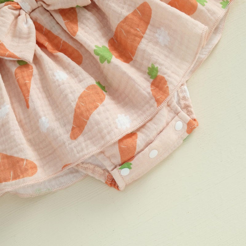 Lamuusaa Newborn Baby Girl Easter Outfit Smocked Bunny/Carrot Romper Cotton Linen Bodysuit Headband Summer Clothes 0-18M (Beige-Carrot, 12-18 Months) - Image 5