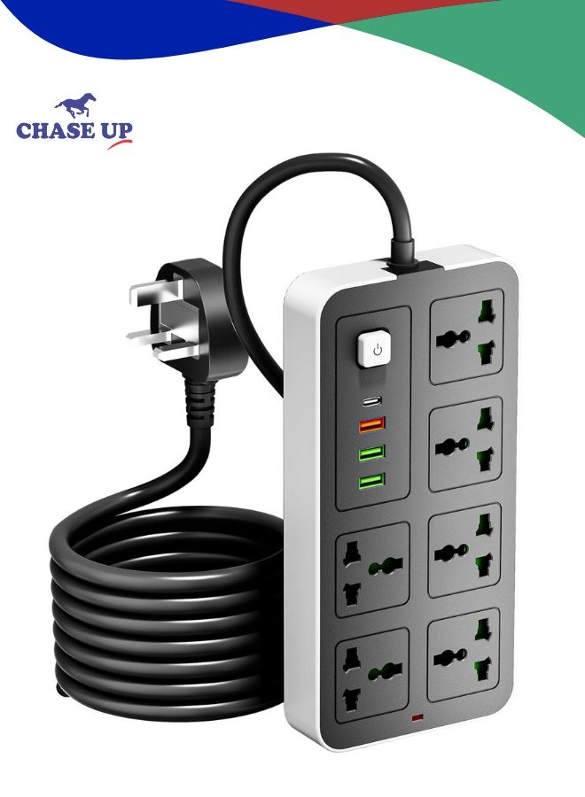Chase Up 6-Outlet 3M Extension Cord with USB Ports and C-type, Surge Protector & Multi-Plug Adapter, Power Extension Cable, USB Hub with Smart and Socket - Perfect for Gaming with 13A Fused Plug - Image 1