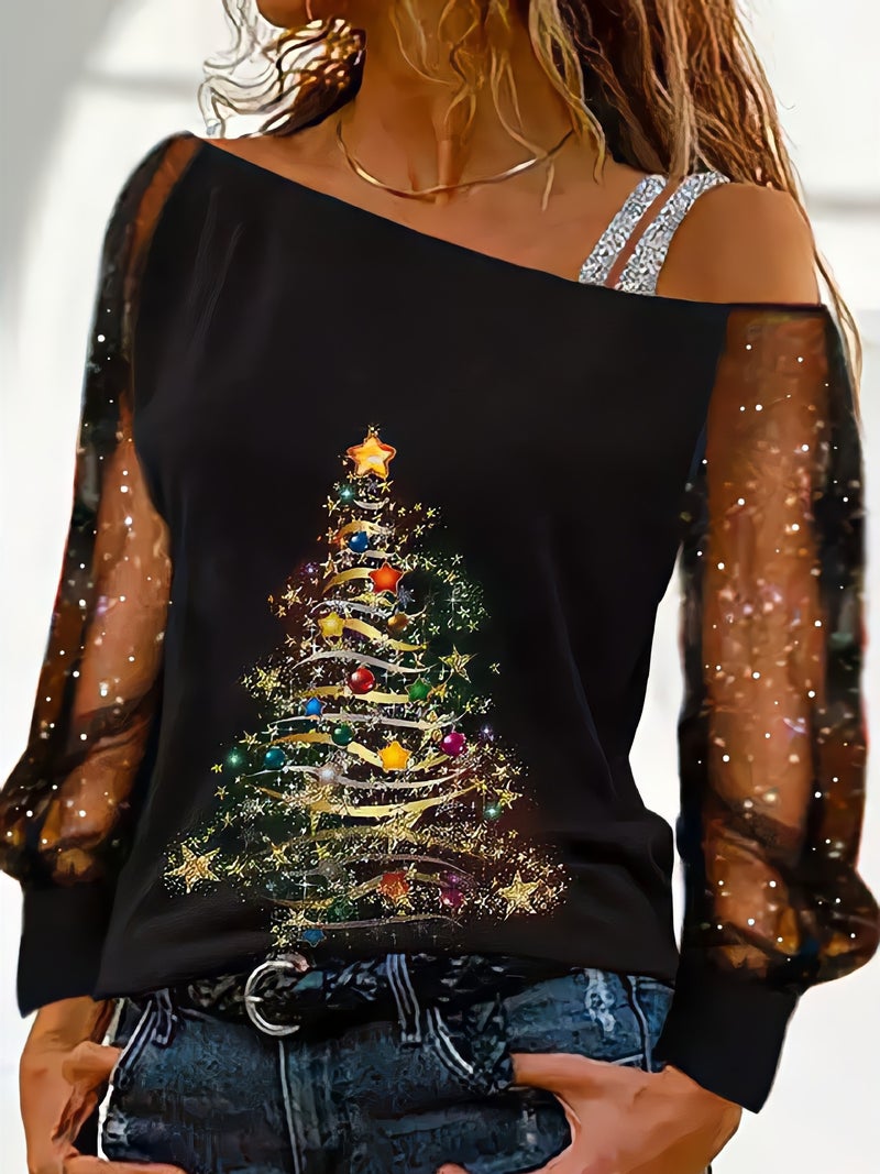 2024 Wish Women'S Long-Sleeved Fashionable One-Line Collar Off-Shoulder Printed Top T-Shirt - Image 1