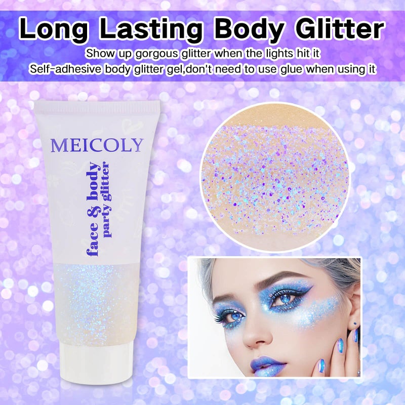 MEICOLY Sparkling Blue Body Glitter,Halloween Face Glitter,Color Changing Glitter Gel for Body,Face,Hair,Lip,Eye,Long Lasting Sequins Glitter Face Paint,Festival Party Glitter Makeup,50ml - Image 2