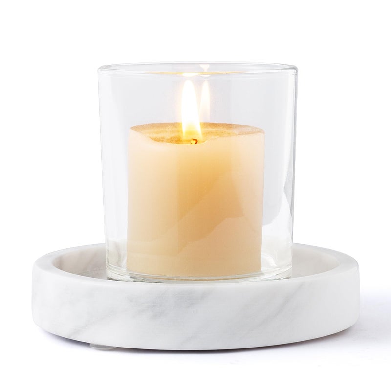 WORHE Candle Holders Italy Premium Natural Marble Candlestick Holder for Jar Pillar Candles Large Round Coaster Plate Jewelry Tray Centerpiece for Wedding Dining Table Home Decor White ZT011