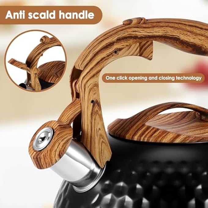 كاست ويف غلاية صافرة سعة 3 لتر، إبريق شاي من الفولاذ المقاوم للصدأ، موقد غاز، موقد حثي، غلاية تخييم آمنة وسريعة الغليان مع صافرة طويلة ومقبض خشبي مضاد للصدأ، وعاء شاي وقهوة ساخن - Image 4