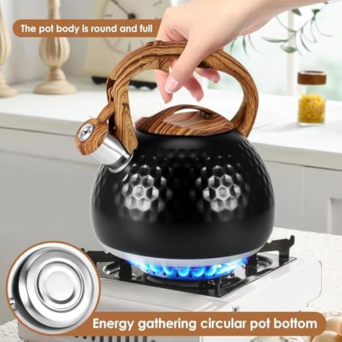 كاست ويف غلاية صافرة سعة 3 لتر، إبريق شاي من الفولاذ المقاوم للصدأ، موقد غاز، موقد حثي، غلاية تخييم آمنة وسريعة الغليان مع صافرة طويلة ومقبض خشبي مضاد للصدأ، وعاء شاي وقهوة ساخن - Image 3