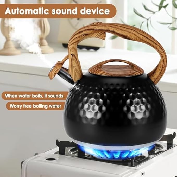 كاست ويف غلاية صافرة سعة 3 لتر، إبريق شاي من الفولاذ المقاوم للصدأ، موقد غاز، موقد حثي، غلاية تخييم آمنة وسريعة الغليان مع صافرة طويلة ومقبض خشبي مضاد للصدأ، وعاء شاي وقهوة ساخن - Image 5