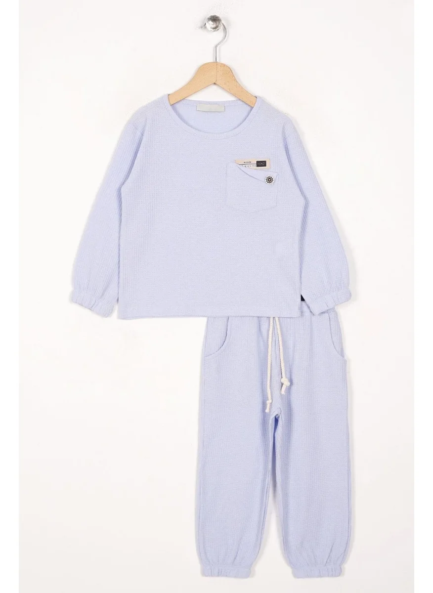 Zepkids Crew Neck Long Sleeve Embroidered Sleeve and Leg Elastic Blue Color Boy's Two Piece Suit