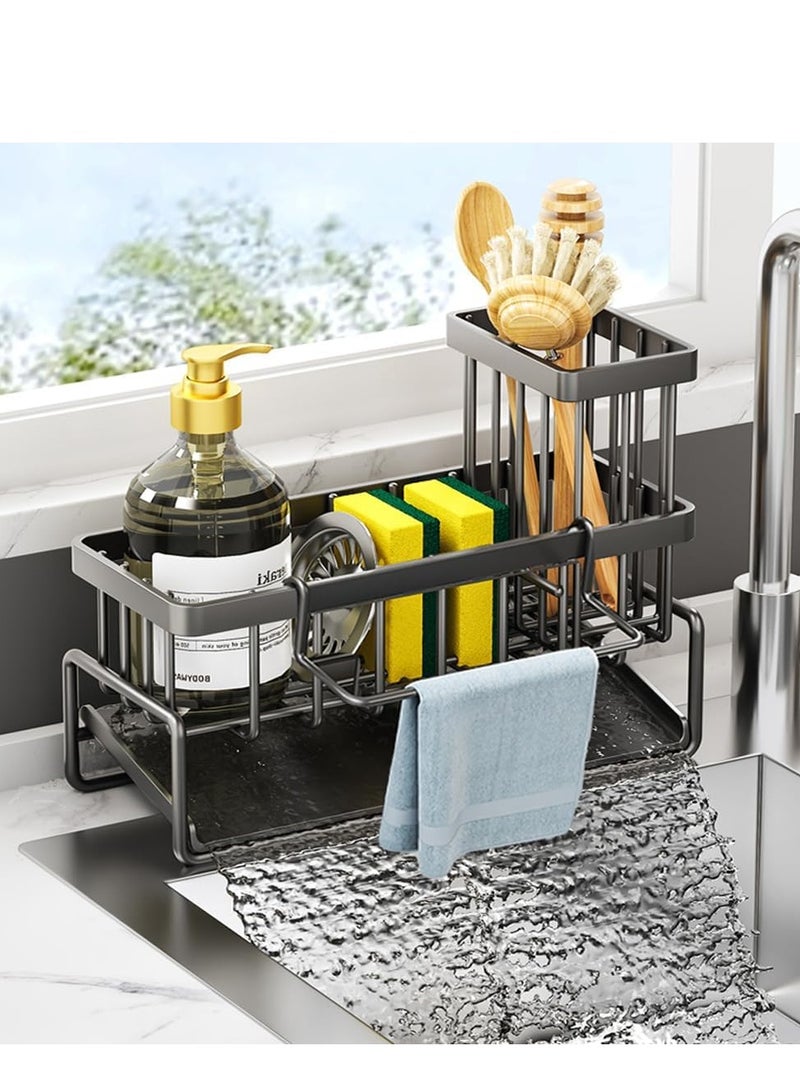 Stainless Steel Kitchen Sink Sponge Rack Brush Storage Rack with 45-Degree Sloped Drain Board Detachable Retractable kitchen Countertop Small Items Storage - Image 1