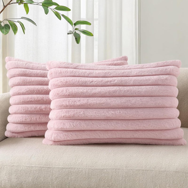 Pallene Faux Fur Plush Lumbar Throw Pillow Covers 12x20 Set of 2 - Soft Fluffy Striped Christmas Decorative Pillow Covers for Sofa, Couch, Living Room - Blush Pink - Image 1