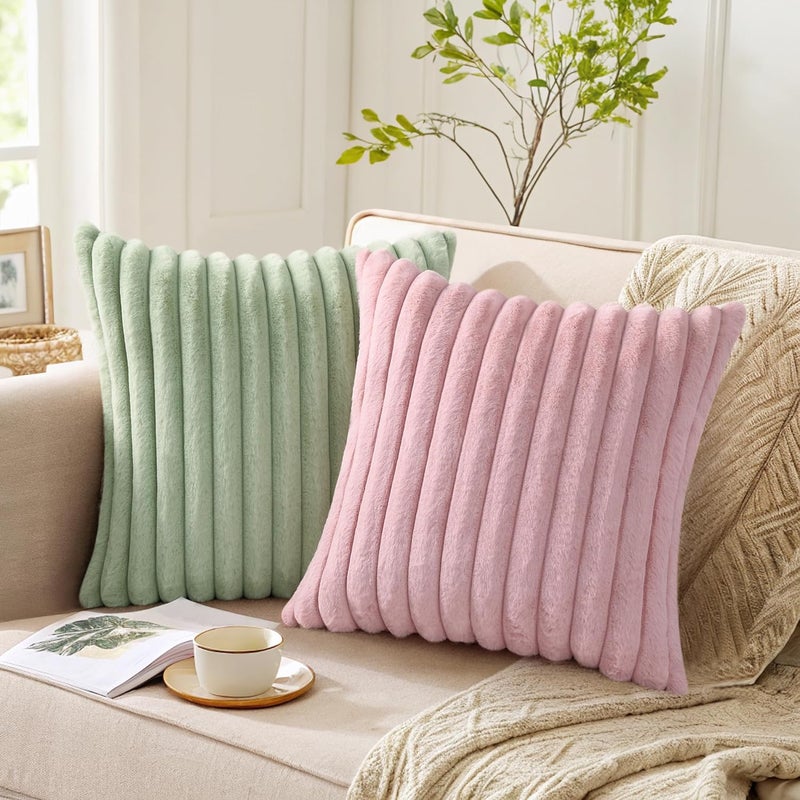 Pallene Faux Fur Plush Lumbar Throw Pillow Covers 12x20 Set of 2 - Soft Fluffy Striped Christmas Decorative Pillow Covers for Sofa, Couch, Living Room - Blush Pink - Image 5