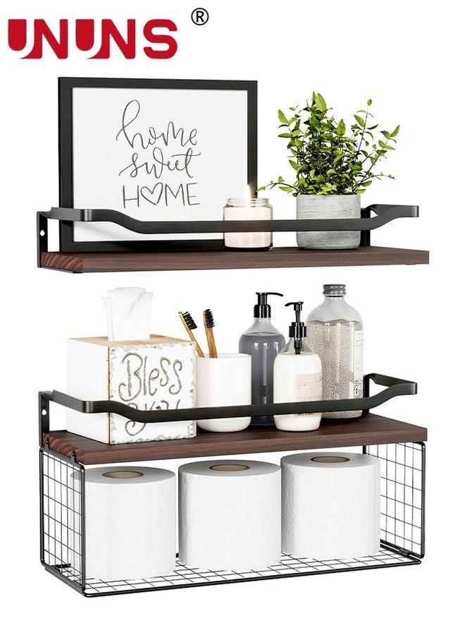 UNUNS Floating Shelves,Bathroom Shelves Over Toilet With Wire Storage Basket,Wood Wall Protective Metal Guardrail - Image 1