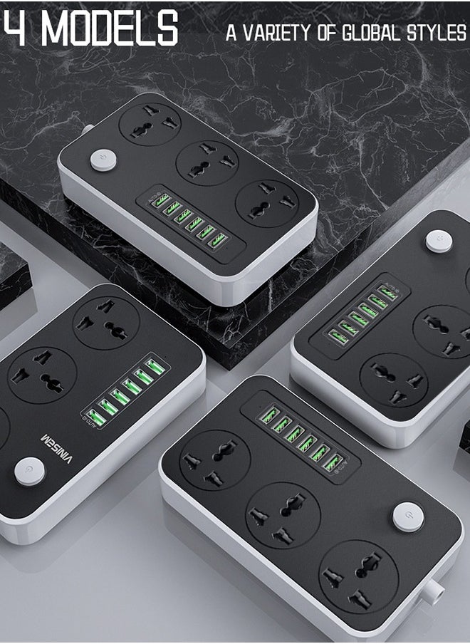 ULHYC - Power Strips Extension Cord 3 Outlets Power Socket with 6 USB Ports Universal Charging Socket with 2M Bold Extension Cord - Image 1