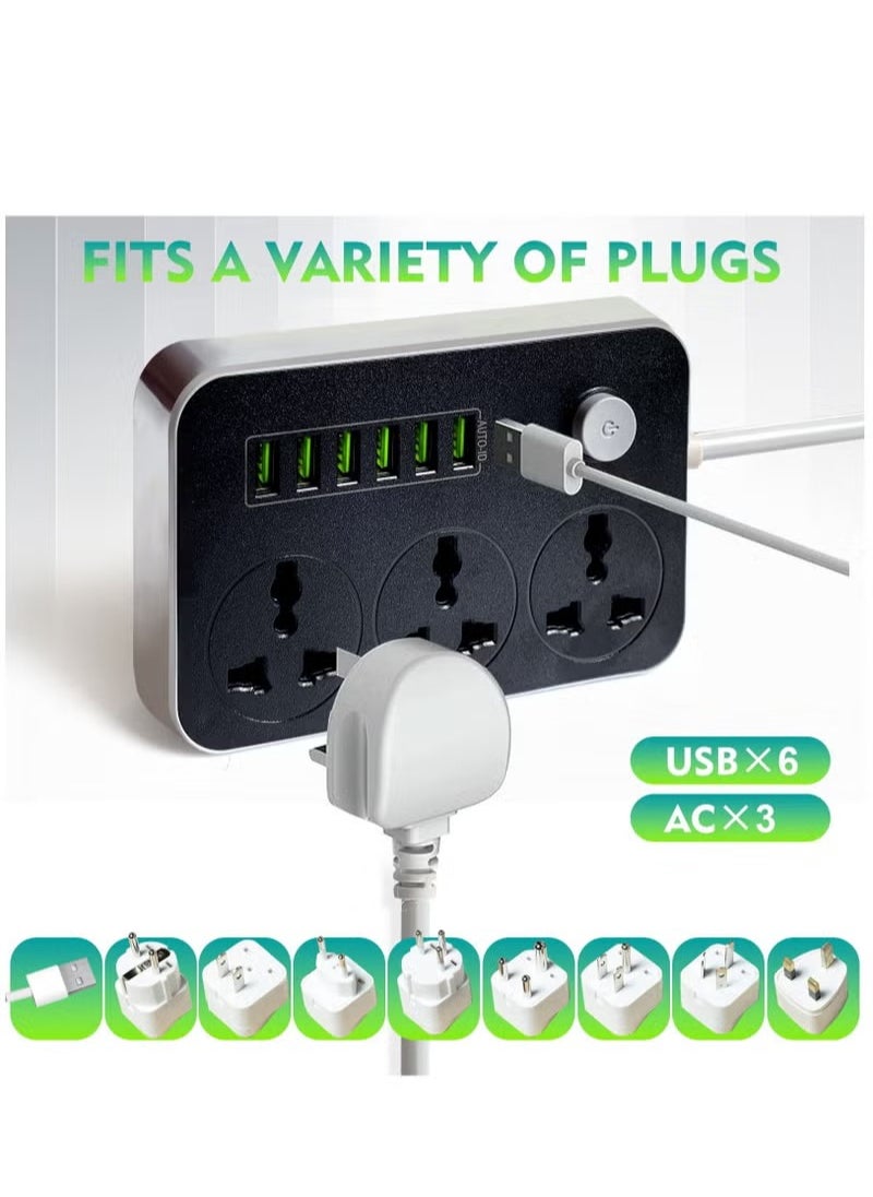 ULHYC - Power Strips Extension Cord 3 Outlets Power Socket with 6 USB Ports Universal Charging Socket with 2M Bold Extension Cord - Image 1