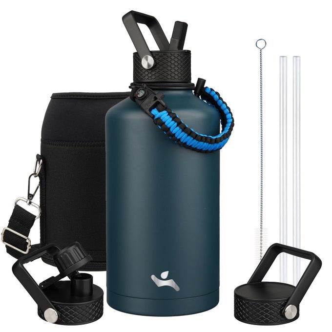 INSULATED WATER BOTTLE WITH STRAW87 OZ 3 LIDS WATER JUG WITH CARRYING BAGPARACORD HANDLEDOUBLE WALL VACUUM STAINLESS STEEL METAL FLASKNAVY BLUE