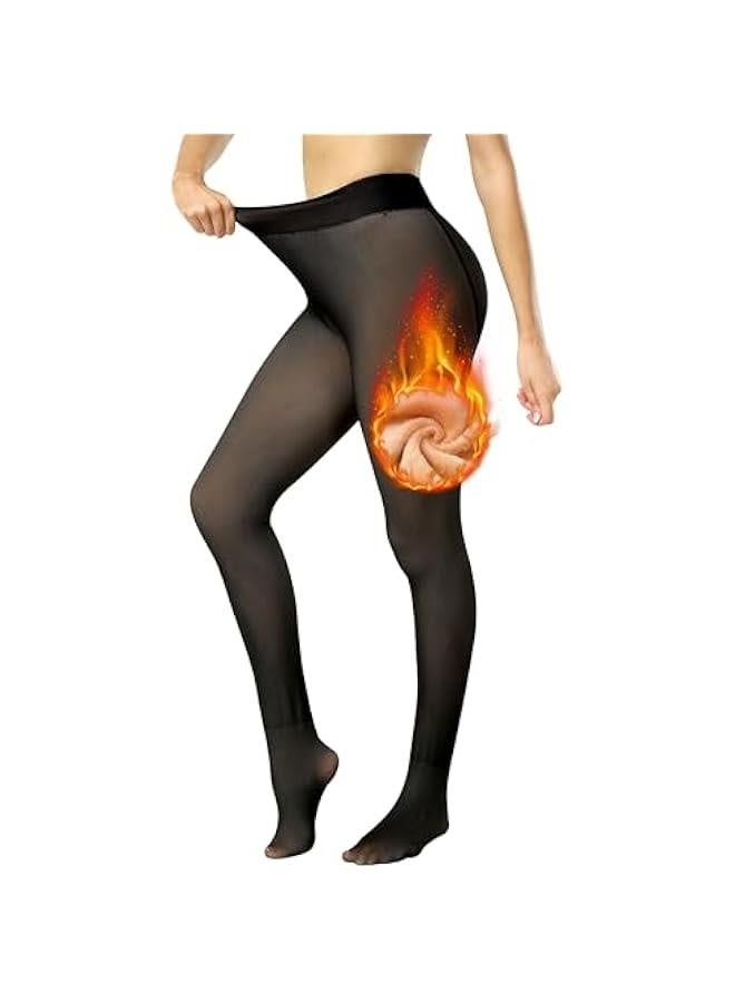 Fleece Lined Tights Sheer Women Fake Translucent Warm Winter Thermal Pantyhose Sheer Thick Tights Black X-Large/XX-Large - Image 1