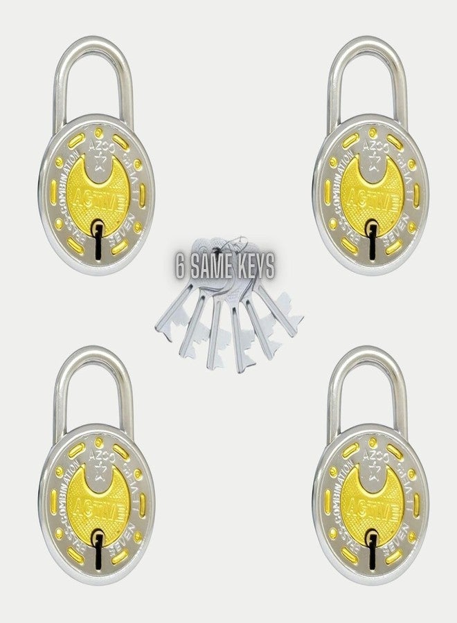 ONEPRO Active Round Lock Small Size 50 mm Open with 6 Same Keys 4 Padlocks | Metal Body, Double Locking 7 Steel Lever | Lock and Keys for Home Door Shop Offices Door Silver Gold Finish Pack of 4 - Image 1