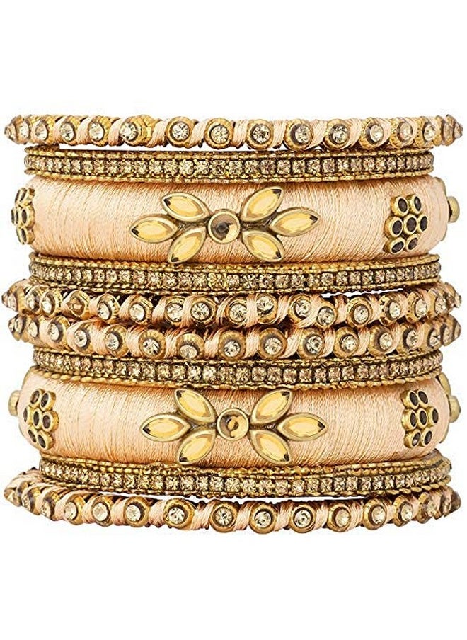 Aheli - Royal Design Silk Thread Bangle Set Saree Matching Chuda Indian Traditional Wedding Fashion Jewelry For Women (Silk Peach Faux Stone 2.8) - Image 1