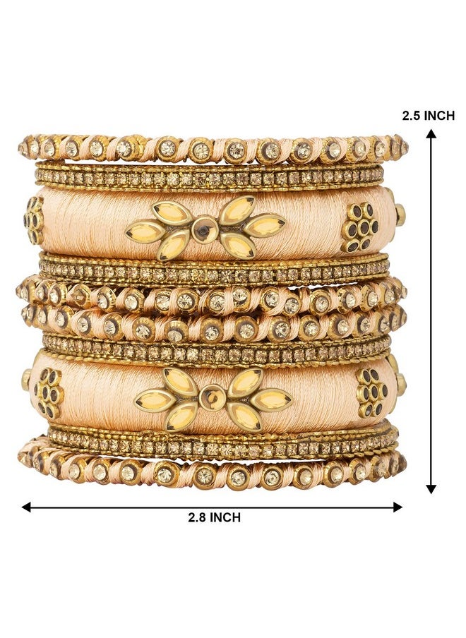 Aheli - Royal Design Silk Thread Bangle Set Saree Matching Chuda Indian Traditional Wedding Fashion Jewelry For Women (Silk Peach Faux Stone 2.8) - Image 1