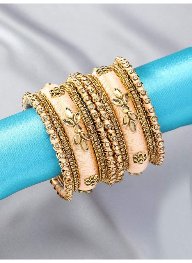 Aheli - Royal Design Silk Thread Bangle Set Saree Matching Chuda Indian Traditional Wedding Fashion Jewelry For Women (Silk Peach Faux Stone 2.8) - Image 1